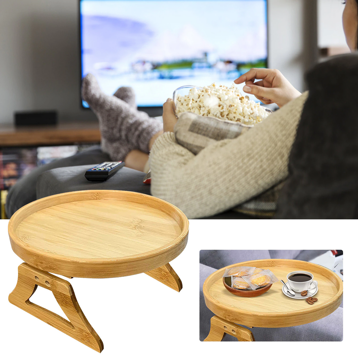 Sikunuo | Bamboo Sofa Armrest Clip-On Round Tray