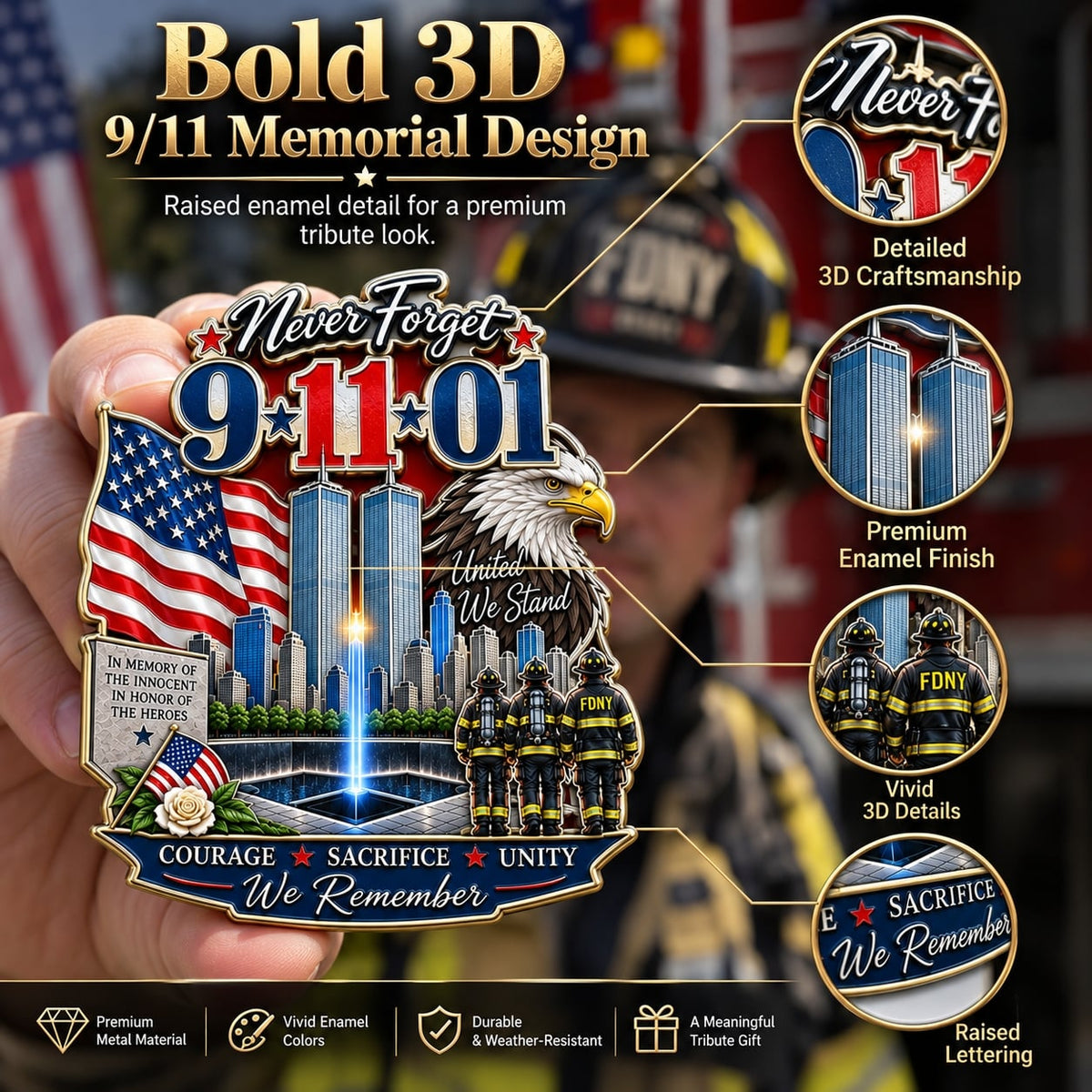 “Never Forget” Firefighter Tribute Metal Car Emblem