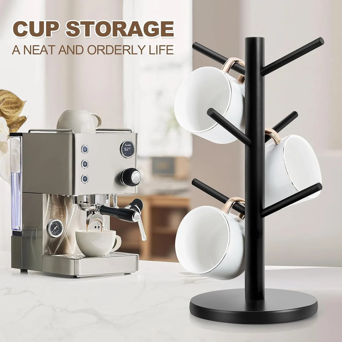 Tree-Shaped Wooden Mug Holder with Round Base