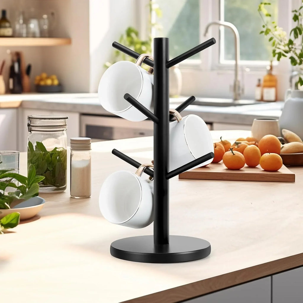 Tree-Shaped Wooden Mug Holder with Round Base