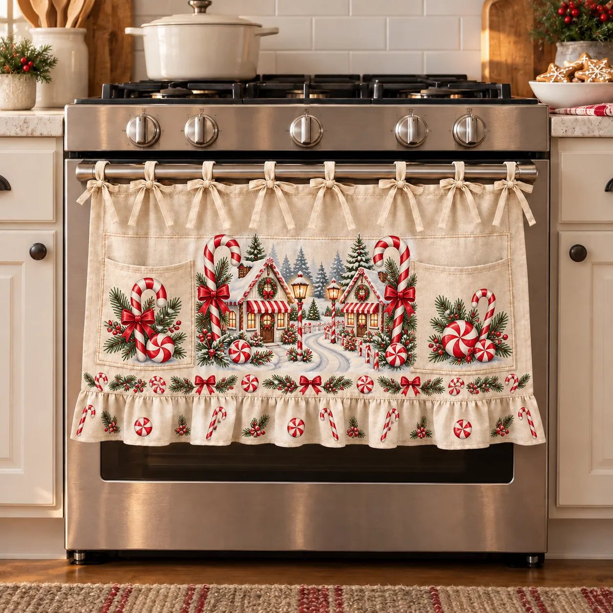 Christmas Kitchen Tie-On Skirt with Pockets & Ruffled Trim