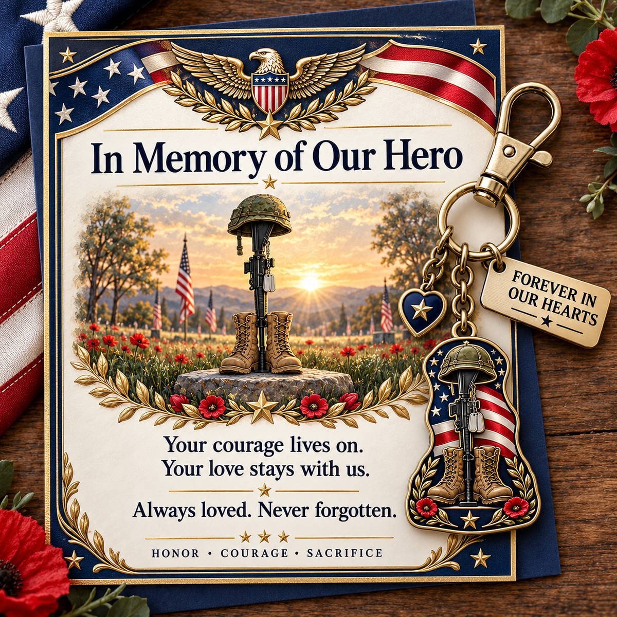 "In Memory of Our Hero" Memorial Keychain & Keepsake Card Set