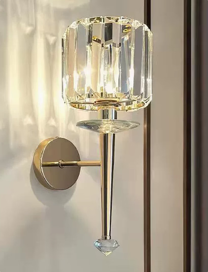 Sikunuo | 1 Bulb Cylindrical Wall Light Modernist Style Clear Glass Wall Light Sconce with Crystal Decoration in Chrome Finish