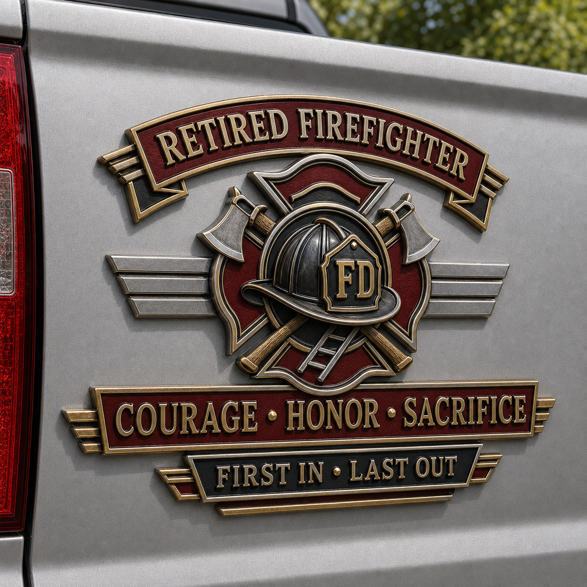 Retired Firefighter Courage Honor Sacrifice Metal Car Emblem
