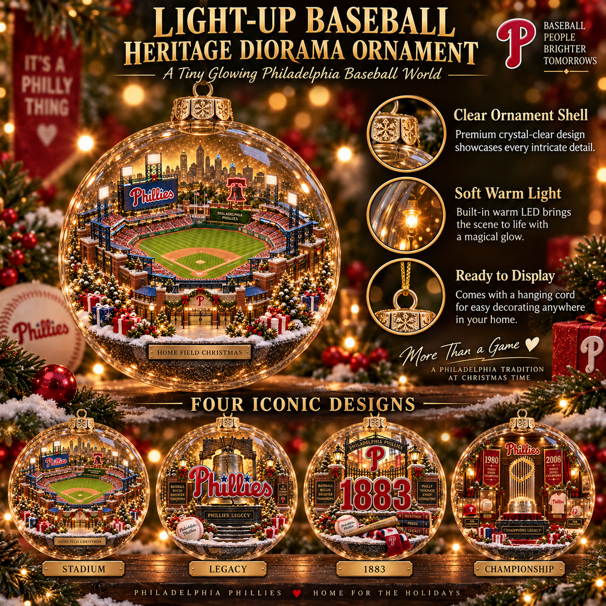 Phillies Light-Up Baseball Heritage Christmas Ornament