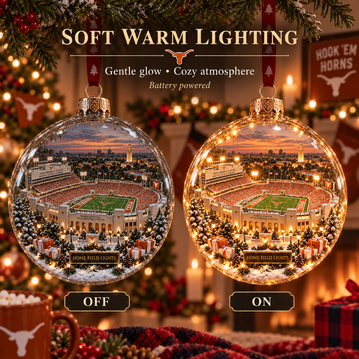 Hook ’Em – Light-Up College Football Heritage Christmas Ornament