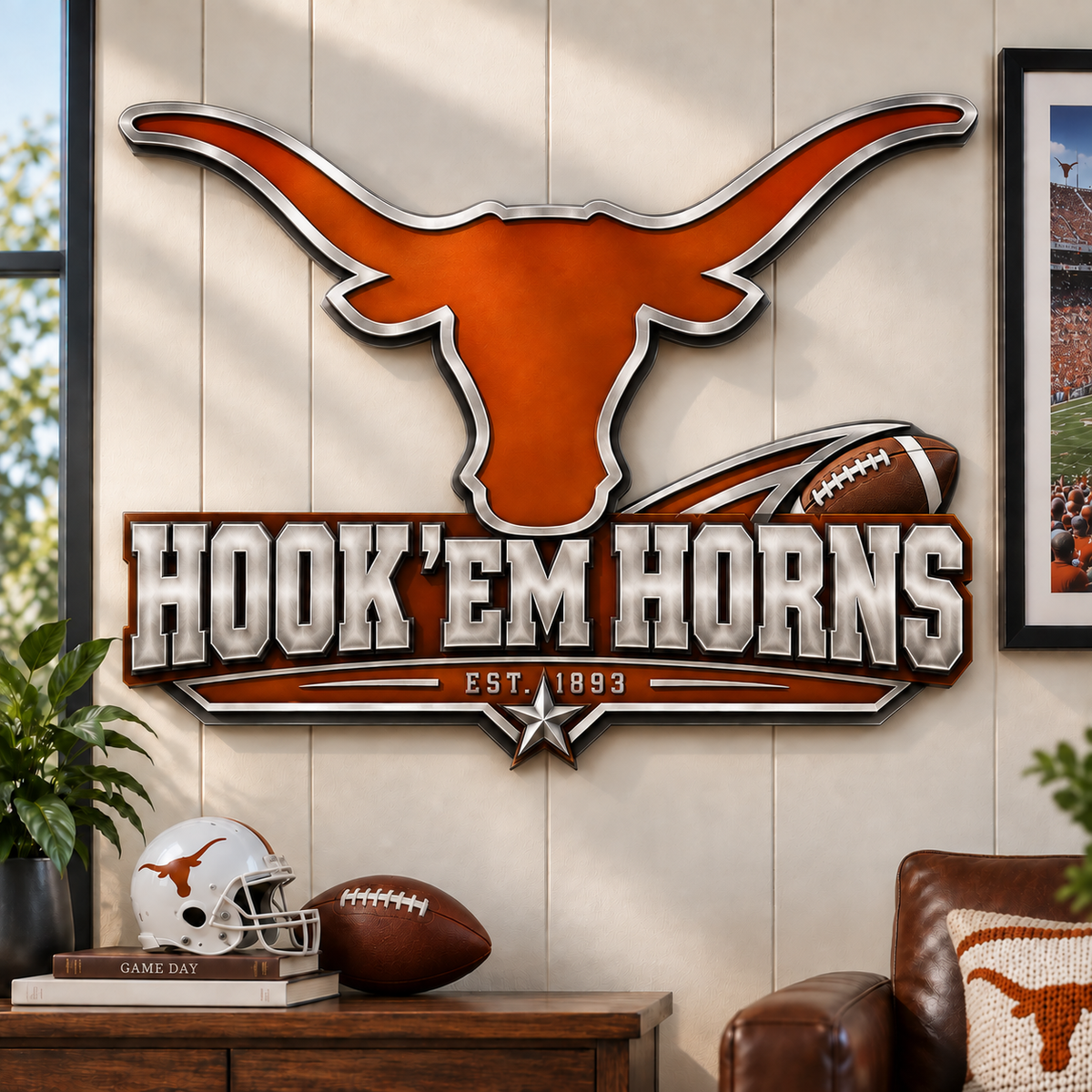 Hook ’Em Horns Wall Decor – EST. 1893 Football Heritage Fan Display