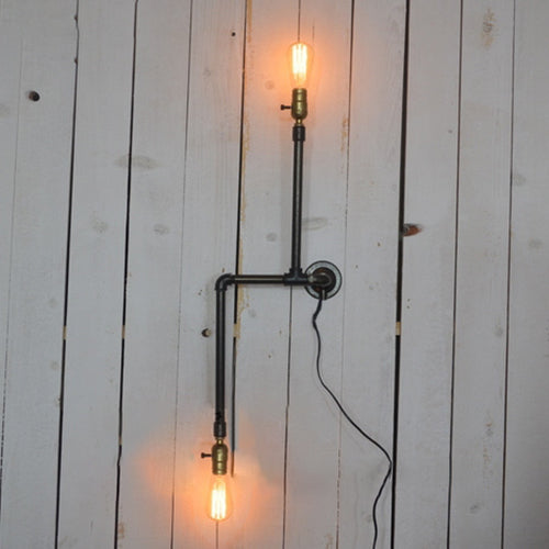 Sikunuo | Black Finish Piped Wall Lamp Fixture with Open Bulb Farmhouse Wrought Iron 2 Lights Indoor Wall Lamp