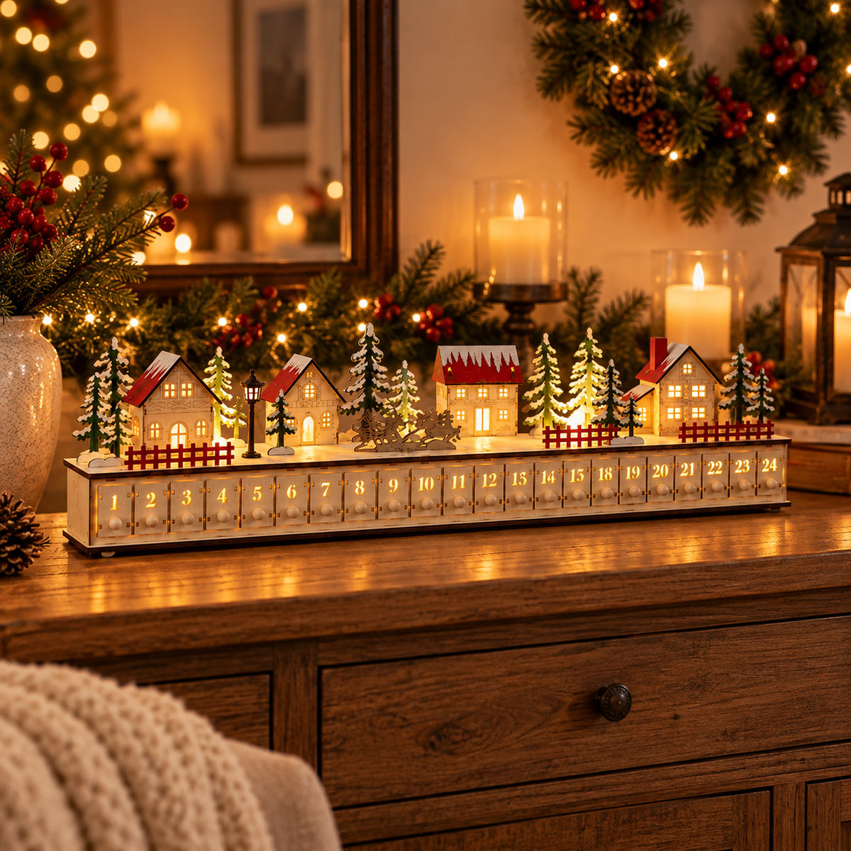 🎄 Wooden Christmas Village Advent Calendar – Magical LED Holiday Countdown 🎁✨
