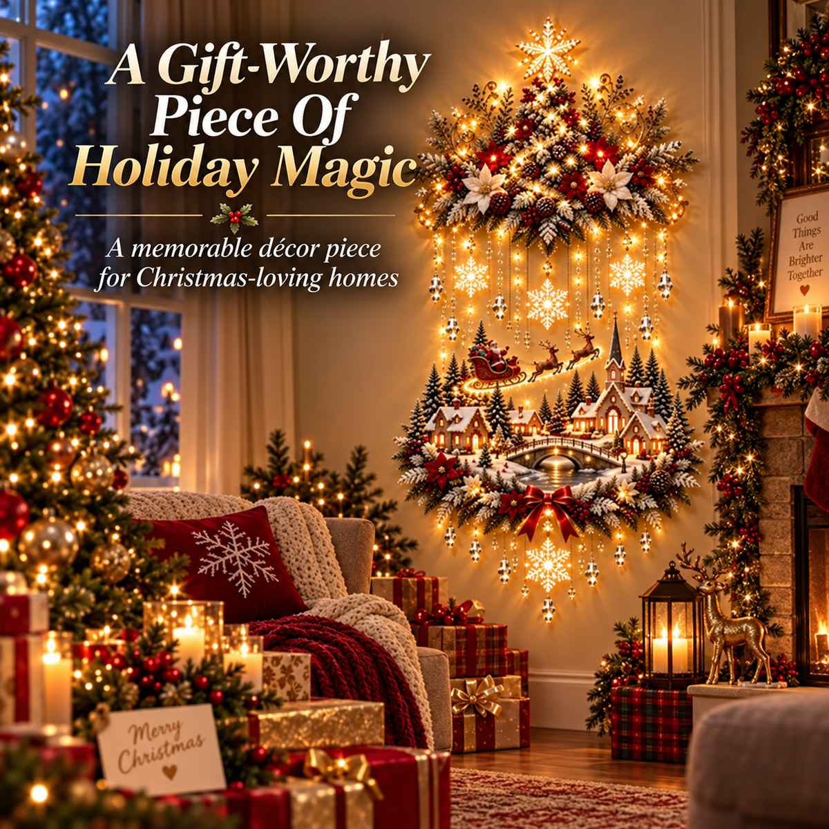 🎄 Lighted Christmas Tree & Village Wall Decor – Warm Cascading Glow