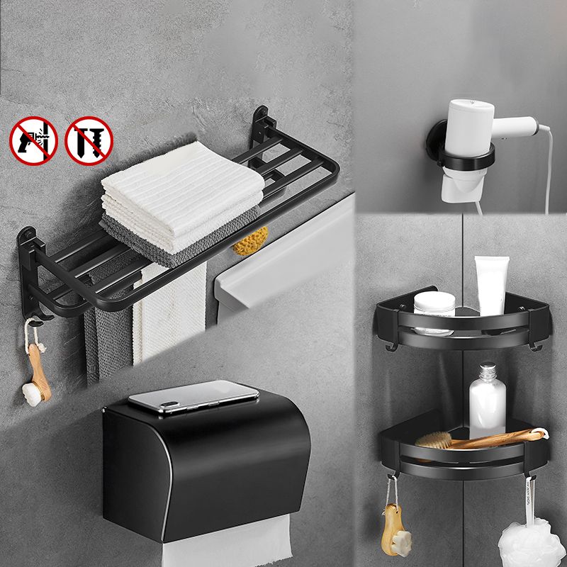 Sikunuo | Matt Black 5-piece Modern Bathroom Accessory Set with Shelf/Tower Bar & Paper Holder