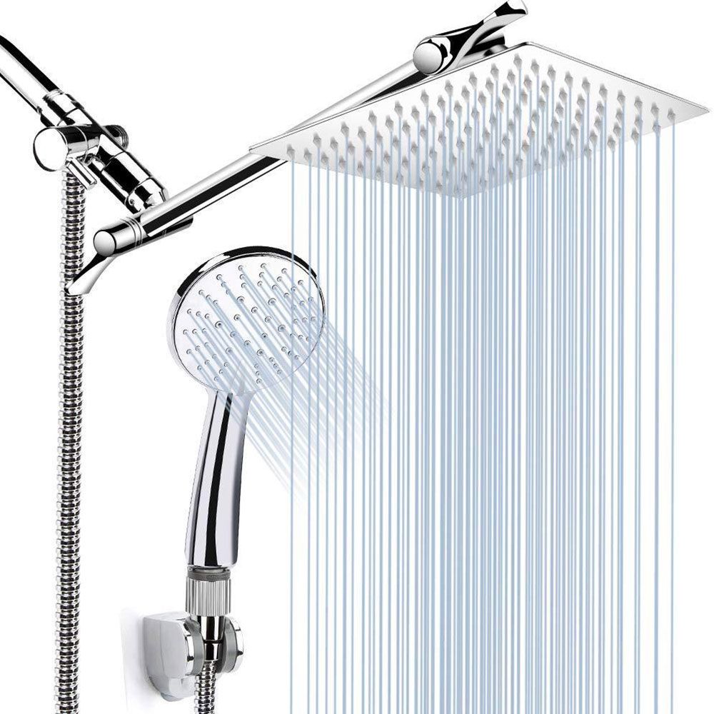 Sikunuo | Standard Double Shower Set Round Metal Adjustable Spray Pattern Shower Head in Silver