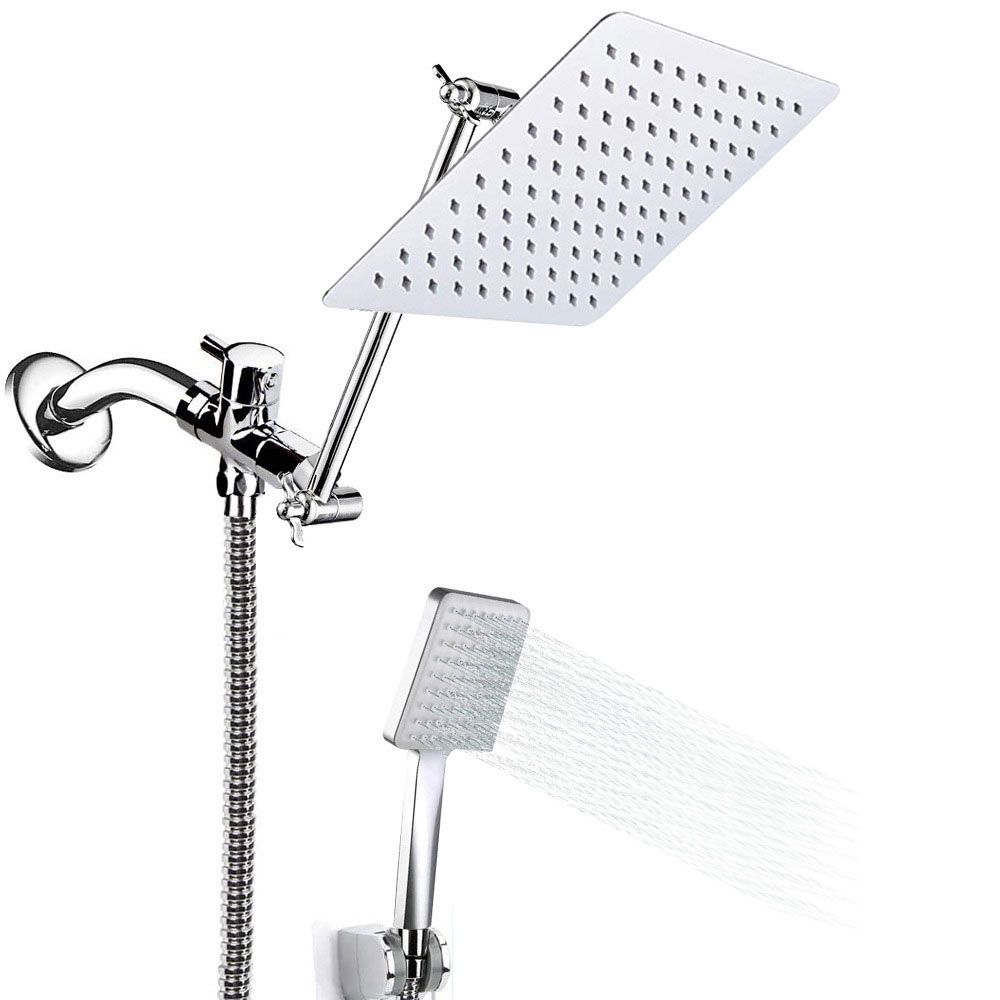 Sikunuo | Pull down Dual Shower Head Square High Arch Shower Head Combo in Chrome