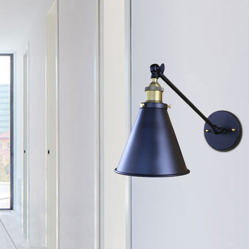 Sikunuo | Black Finish Cone-Shaped Wall Lamp Retro Stylish Metal 1 Head Corridor Wall Lighting, 2 Packs