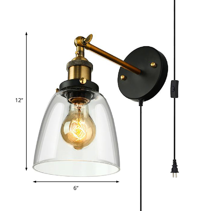 Sikunuo | Tapered Bedroom Wall Light Lighting Decoration Rustic Clear Glass 1 Light Black Wall Lamp with Plug Cable