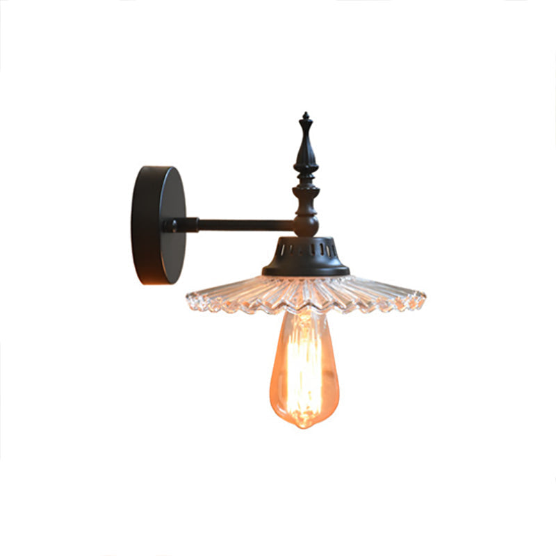 Sikunuo | Clear/Green Glass Black Wall Light Cone/Wide Flare 1-Light Industrial Wall Lamp for Living Room