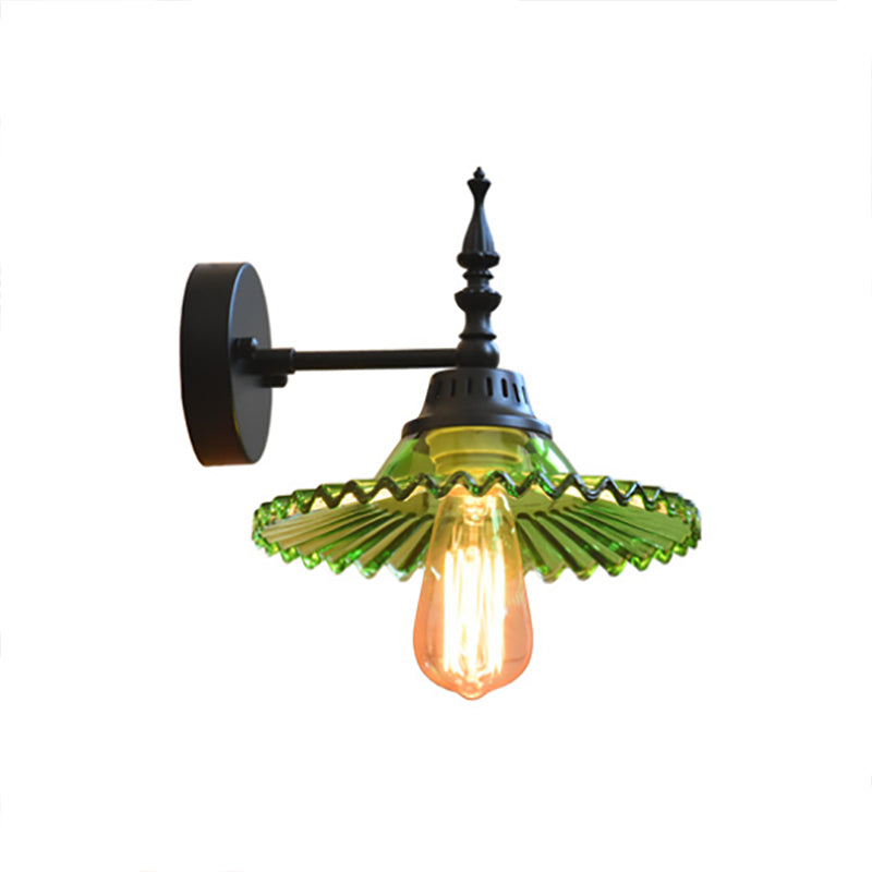 Sikunuo | Clear/Green Glass Black Wall Light Cone/Wide Flare 1-Light Industrial Wall Lamp for Living Room