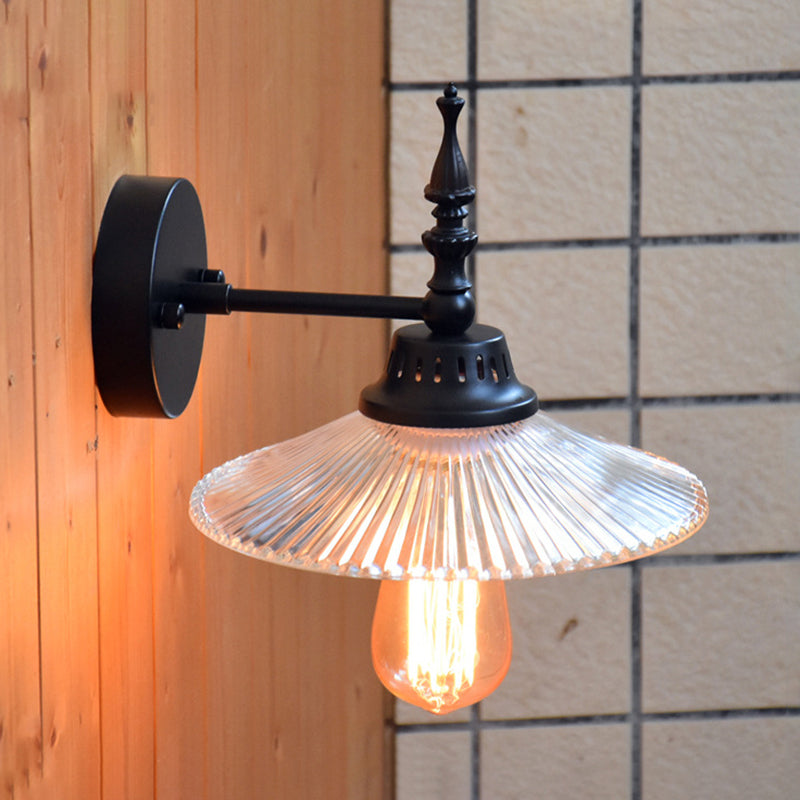 Sikunuo | Clear/Green Glass Black Wall Light Cone/Wide Flare 1-Light Industrial Wall Lamp for Living Room