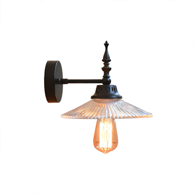Sikunuo | Clear/Green Glass Black Wall Light Cone/Wide Flare 1-Light Industrial Wall Lamp for Living Room