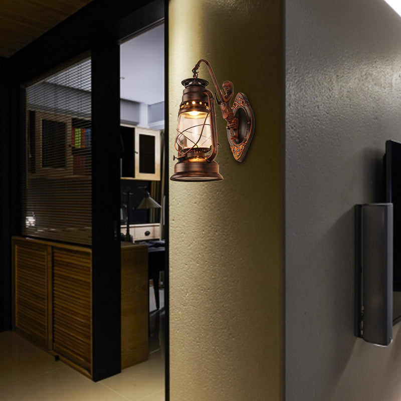 Sikunuo | One Bulb Wall Lamp with Lantern Shade Clear Glass Coast Bedroom Wall Lamp in Black/Antique Brass/Aged Copper with Mermaid