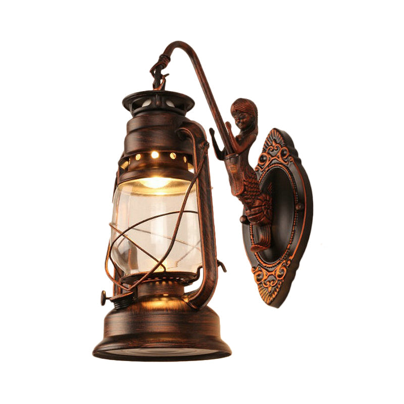 Sikunuo | One Bulb Wall Lamp with Lantern Shade Clear Glass Coast Bedroom Wall Lamp in Black/Antique Brass/Aged Copper with Mermaid