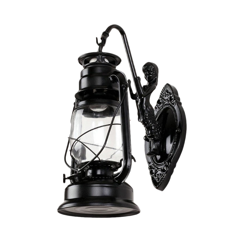 Sikunuo | One Bulb Wall Lamp with Lantern Shade Clear Glass Coast Bedroom Wall Lamp in Black/Antique Brass/Aged Copper with Mermaid