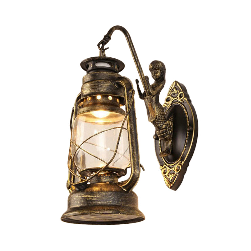 Sikunuo | One Bulb Wall Lamp with Lantern Shade Clear Glass Coast Bedroom Wall Lamp in Black/Antique Brass/Aged Copper with Mermaid