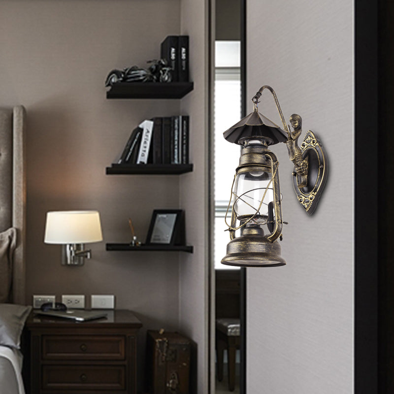 Sikunuo | Kerosene Clear Glass Wall Lamp Coast Single Bulb Living Room Sconces Lamp in Black/Antique Brass