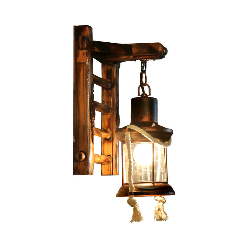 Sikunuo | Antique Copper Cylinder Wall Lighting Vintage Clear Glass 1 Light Porch Sconces Light with Cage and Wooden Backplate