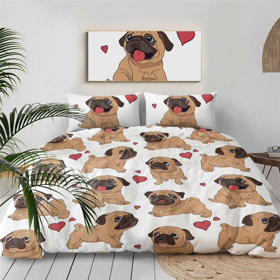 Sikunuo | 3pcs Hippie Pug Puppy Cartoon Comfortable Duvet Cover Bedding Set