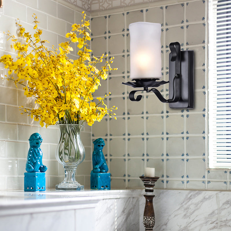 Sikunuo | Cylinder Bathroom Wall Light Industrial Frosted Glass 1 Light Black Wall Light