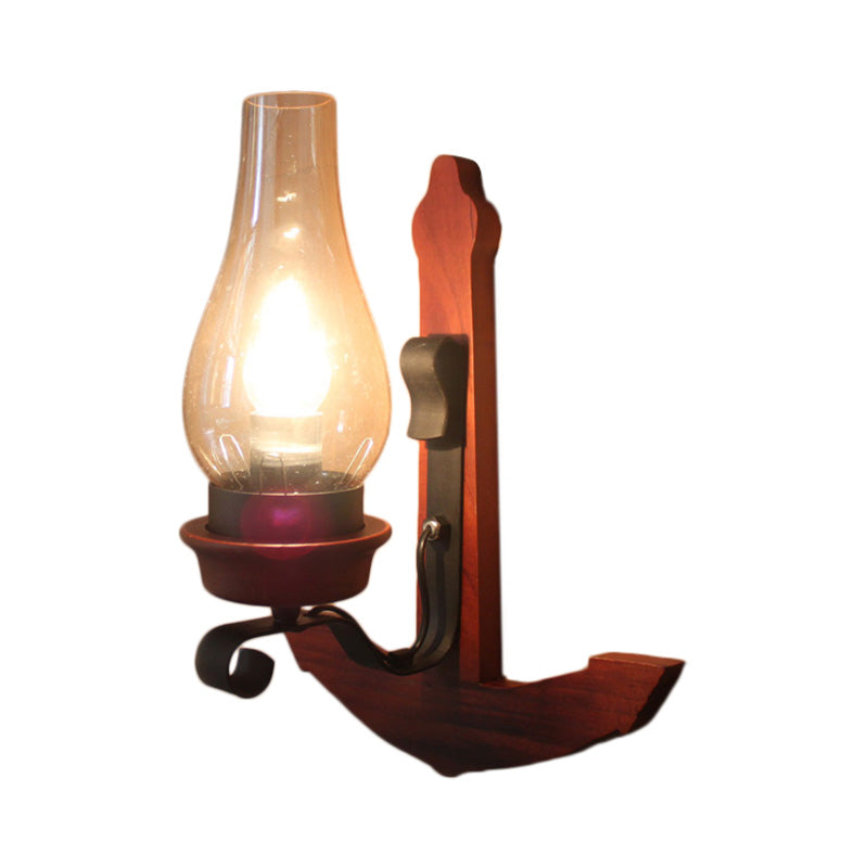 Sikunuo | Vase Porch Wall Lamp Light Fixture Industrial Clear Glass Red Colored Wall Lamp with Wooden Back Plate