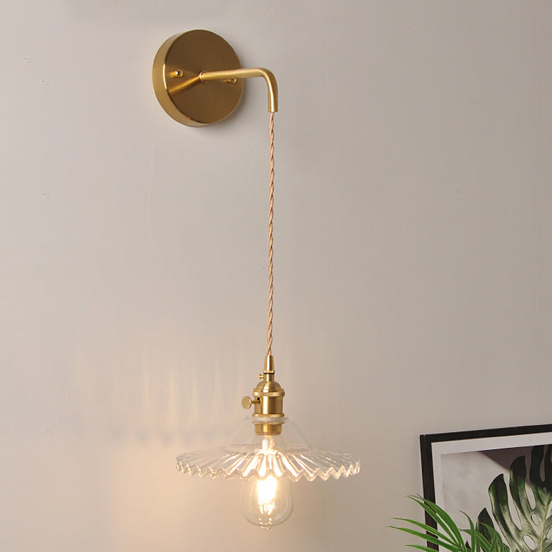 Sikunuo | Shaped Clear/Opal Glass Wall Lamp Industrial Single Bulb Bedroom Sconces Light in Brass