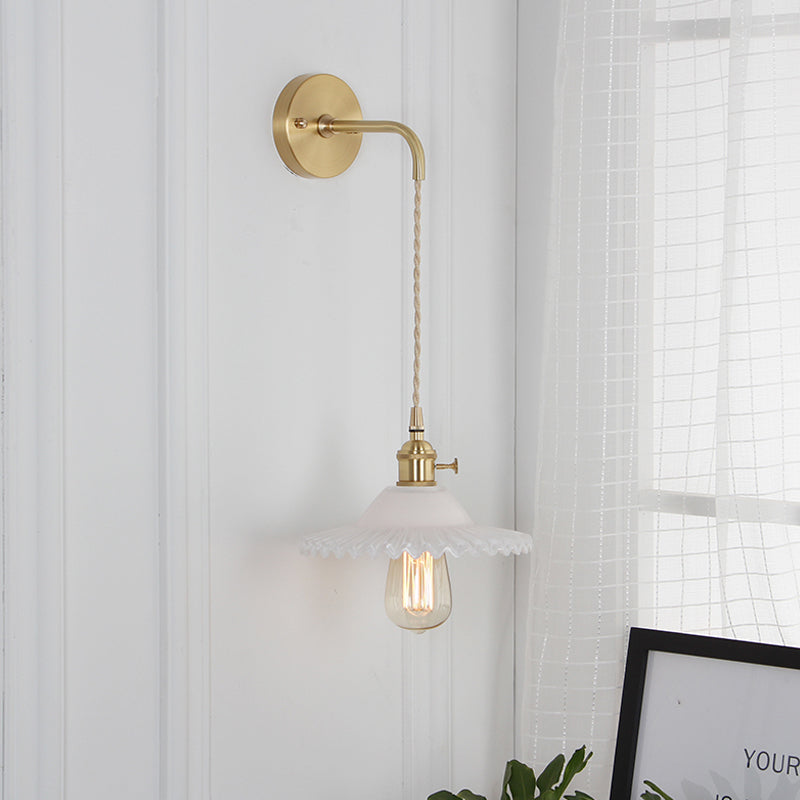 Sikunuo | Shaped Clear/Opal Glass Wall Lamp Industrial Single Bulb Bedroom Sconces Light in Brass