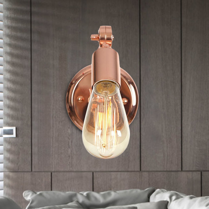Sikunuo | Rose Gold Armed Wall Light Retro Industrial Iron 1 Light Bathroom Rotatable Wall Lamp with Exposed Bulb