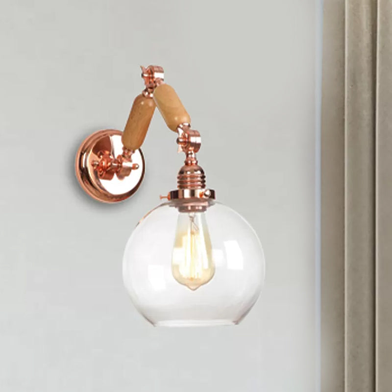 Sikunuo | 1 Bulb Globe Wall Mounted Light Fixture Rustic Rose Gold Clear Glass Lighting with Retractable Arm