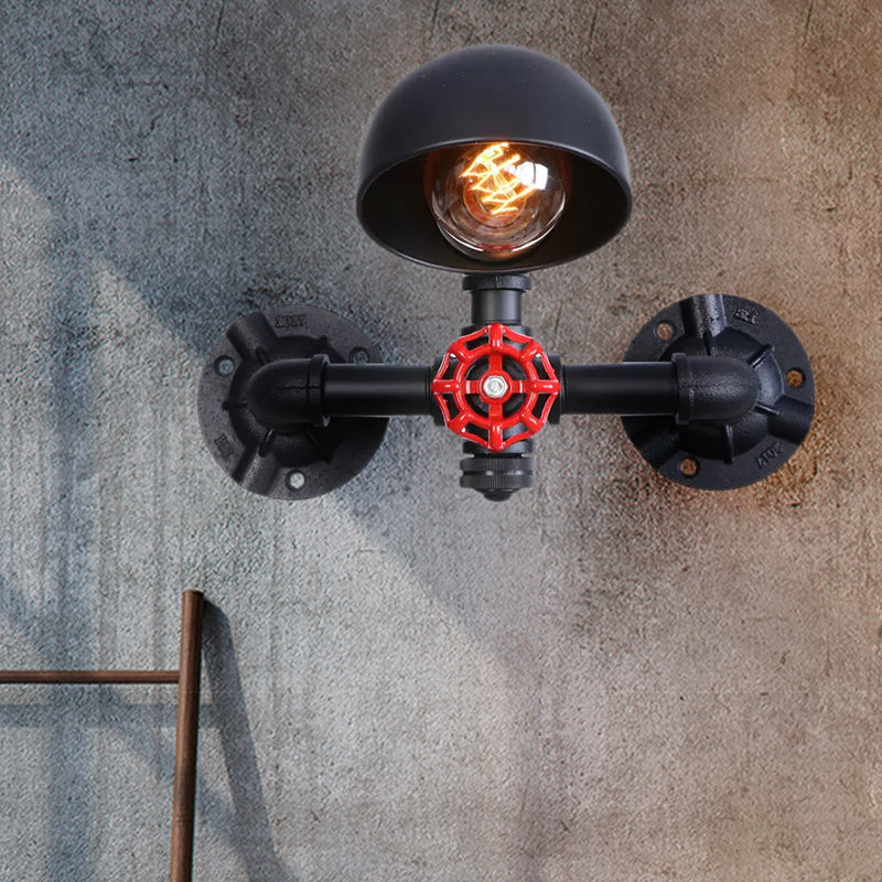 Sikunuo | Steampunk Dome Wall Lamp Fixture with Valve Wheel 1 Head Metallic Wall Light in Black for Living Room