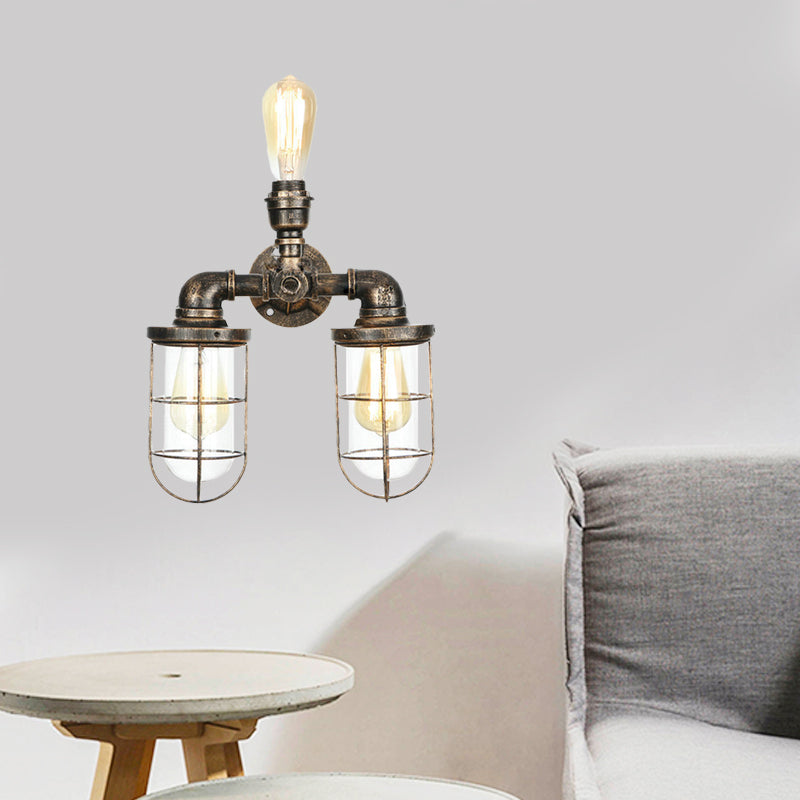 Sikunuo | 3 Heads Water Pipe Wall Mounted Light with Cage Shade Nautical Design Antique Brass Iron Wall Lighting