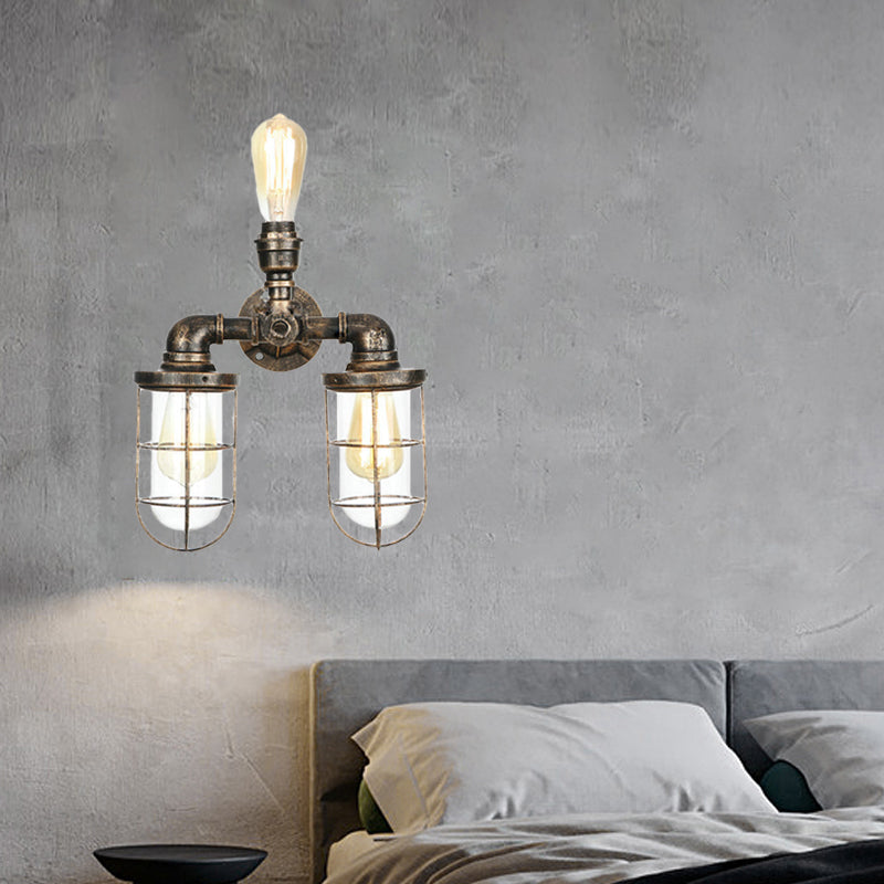Sikunuo | 3 Heads Water Pipe Wall Mounted Light with Cage Shade Nautical Design Antique Brass Iron Wall Lighting