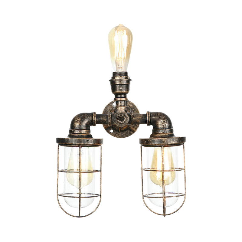 Sikunuo | 3 Heads Water Pipe Wall Mounted Light with Cage Shade Nautical Design Antique Brass Iron Wall Lighting
