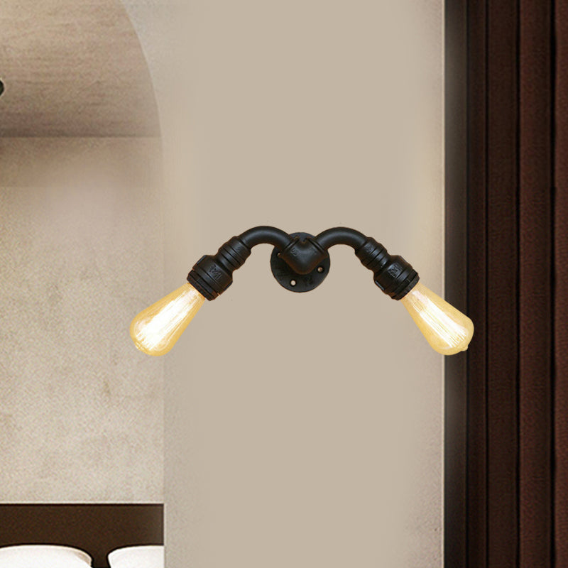 Sikunuo | Vintage Style Bare Bulb Wall Lamp with Pipe Design 2 Heads Metal Wall Lamp in Black for Indoor