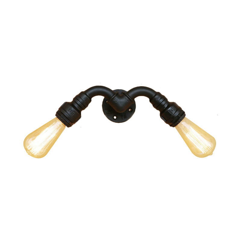 Sikunuo | Vintage Style Bare Bulb Wall Lamp with Pipe Design 2 Heads Metal Wall Lamp in Black for Indoor