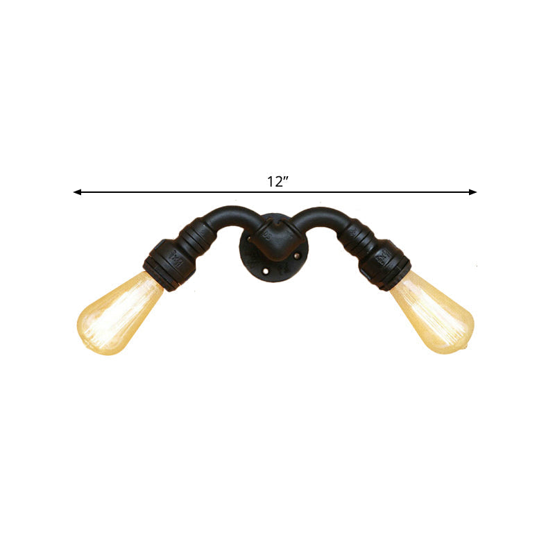 Sikunuo | Vintage Style Bare Bulb Wall Lamp with Pipe Design 2 Heads Metal Wall Lamp in Black for Indoor
