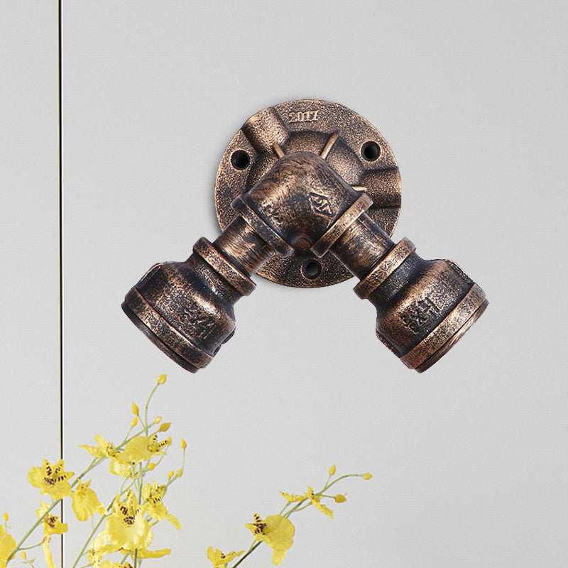 Sikunuo | 2 Heads Wall Lamp Fixture with Pipe Forged Iron Shade Rustic Style Living Room Wall Lamp Light in Aged Bronze