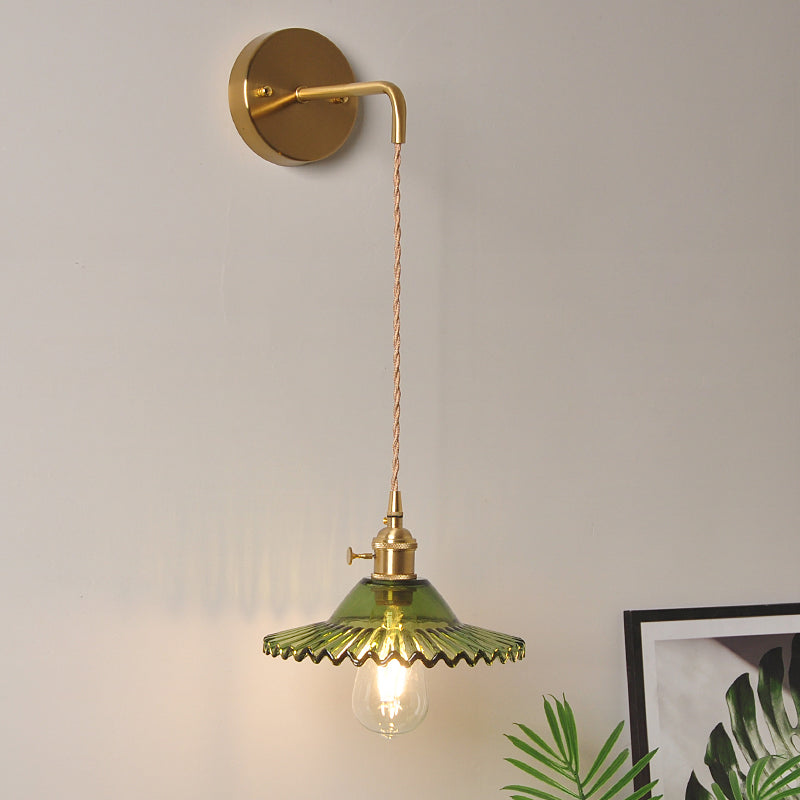 Sikunuo | Green glass wavy wall lamp industrial 1 light living room lighting fixture in brass
