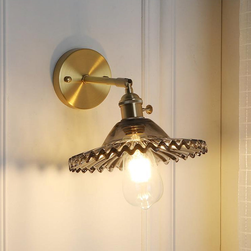 Sikunuo | Brass Bowl Wall Lighting Industrial Smoke Glass 1 Light Living Room Wall Lamp Light Fixture