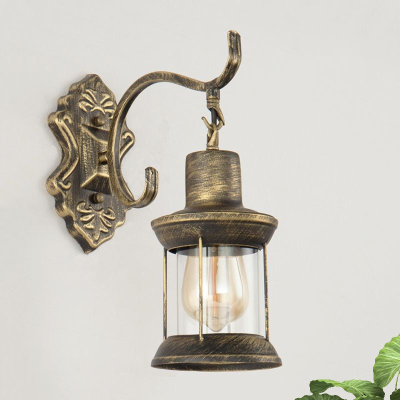 Sikunuo | 1 Light Bulb Kerosene Wall Mounted Light Rustic Style Aged Bronze Clear Glass Lighting with Engraved Pattern