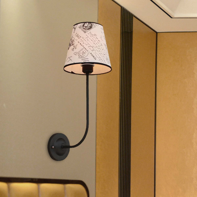 Sikunuo | Vintage Conical Wall Lamp 1 Head Fabric and Metal Wall Mount Fixture with Curved Arm in White