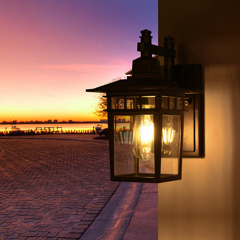 Sikunuo | Lantern Clear Glass Wall Hanging Lamp Industrial Single Bulb Veranda Wall Light in Black
