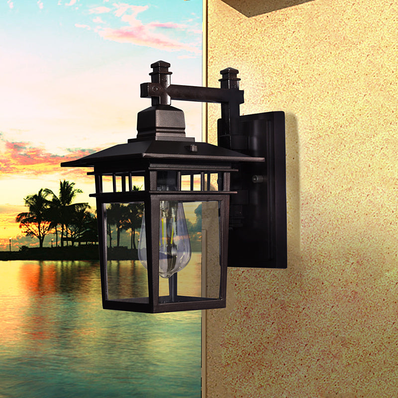 Sikunuo | Lantern Clear Glass Wall Hanging Lamp Industrial Single Bulb Veranda Wall Light in Black